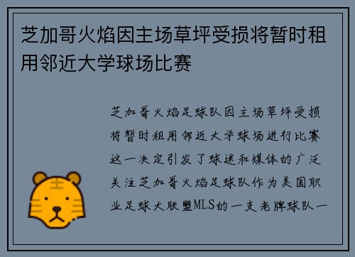 芝加哥火焰因主场草坪受损将暂时租用邻近大学球场比赛