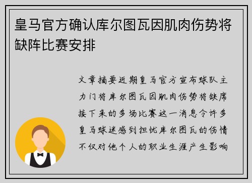 皇马官方确认库尔图瓦因肌肉伤势将缺阵比赛安排 皇马官方确认库尔图瓦因肌肉伤势将缺阵比赛安排